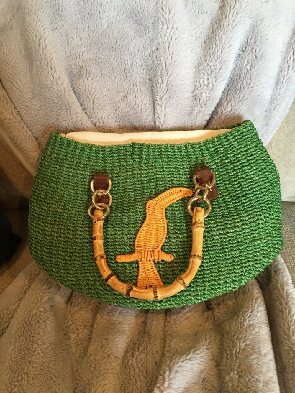Woven Green Straw Tote with Bamboo Handle - Picture 1 of 5